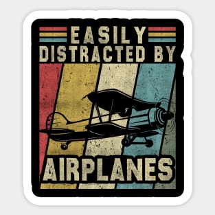 Easily Distracted By Airplanes Retro Airplane Funny Pilot Sticker